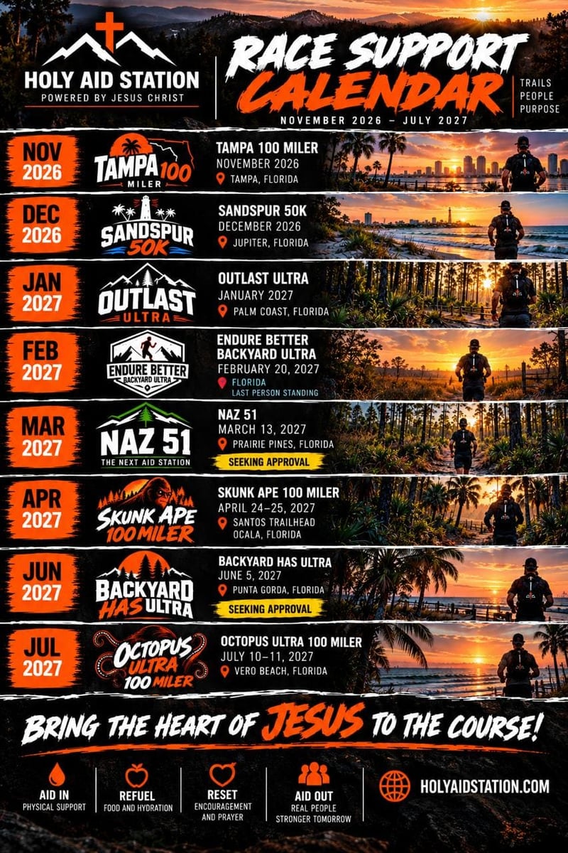 Holy Aid Station Race Support Calendar November 2026 through July 2027: Tampa 100 Miler, Sandspur 50K, Outlast Ultra, Endure Better Backyard Ultra, NAZ 51, Skunk Ape 100 Miler, Backyard HAS Ultra, Octopus Ultra 100 Miler.