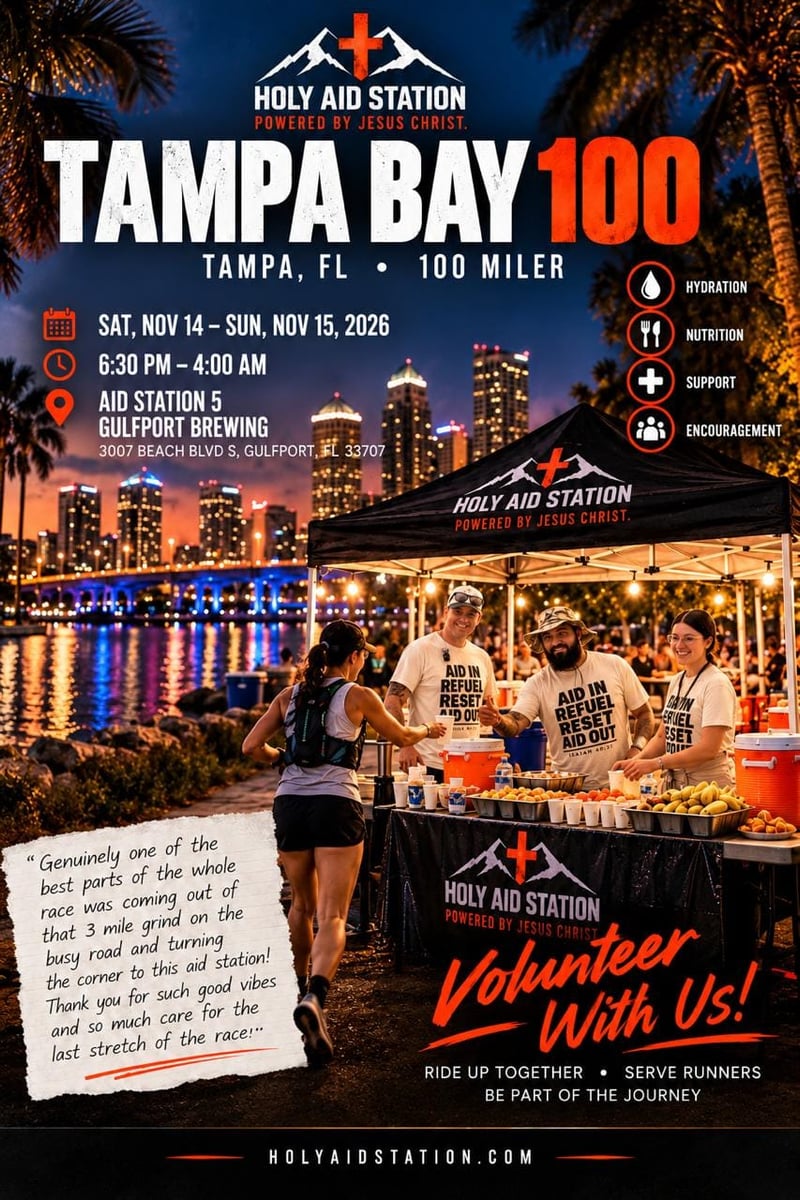 Tampa Bay 100 Mile race. Holy Aid Station Aid Station 5 at Gulfport Brewing, 3007 Beach Blvd S, Gulfport FL 33707. Saturday November 14 to Sunday November 15, 2026, 6:30 PM to 4:00 AM.